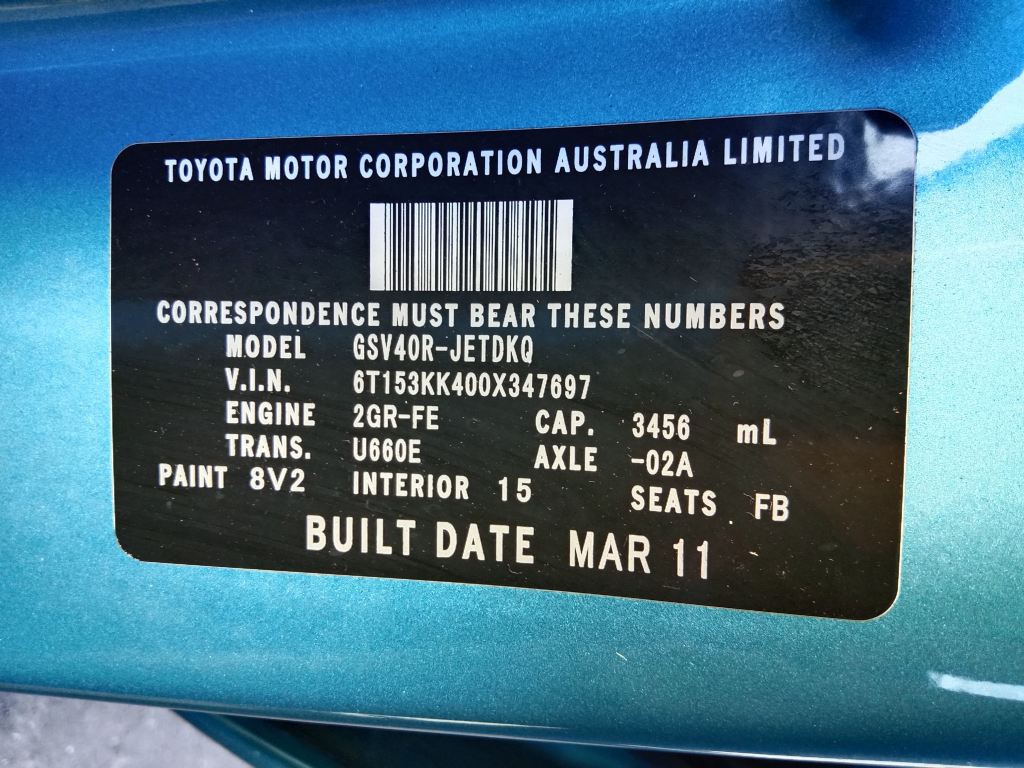 Toyota Aurion 2011 Blue Wrecking