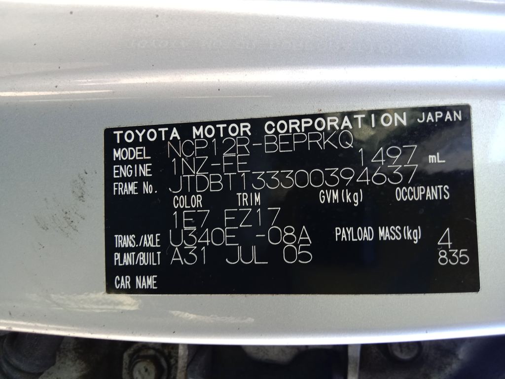 Toyota Echo 2003 Silver Wrecking